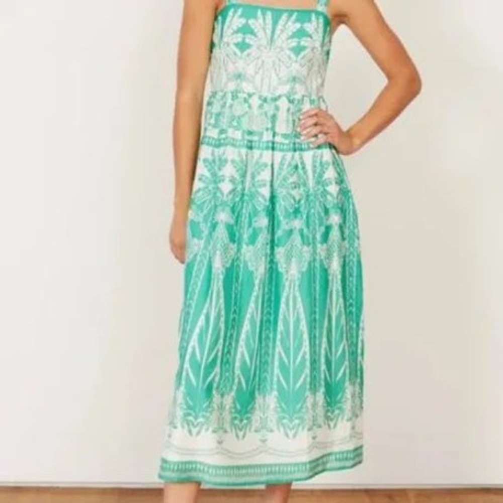 Caballero Green White Tropical Palm Leaf Smocked Maxi Dress XS